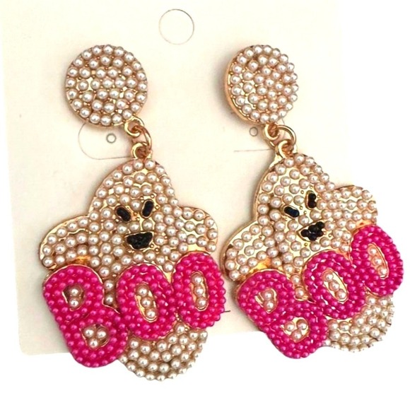 Molliwater Jewelry - Rhinestone Cute Ghost Earrings Halloween Boo Pink Beaded Dangle‎ Pastel